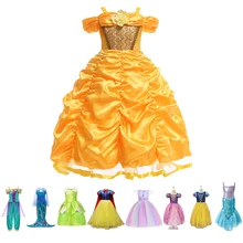 Baby Girls Belle Dress Child Kids Cosplay Costume Unicorn Party Princess Ariel Rapunzel Jasmine Elsa Cinderella Snow White Dress pamaba 8 pcs set cinderella rapunzel princess accessories knit belle cosplay princess jewelry party supplies earrings necklaces