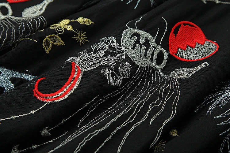 High Quality Embroidery Flared Sleeves Dress Elegant Women Lace Hollow Out Fairy Mesh Dress Low Inventory C1548