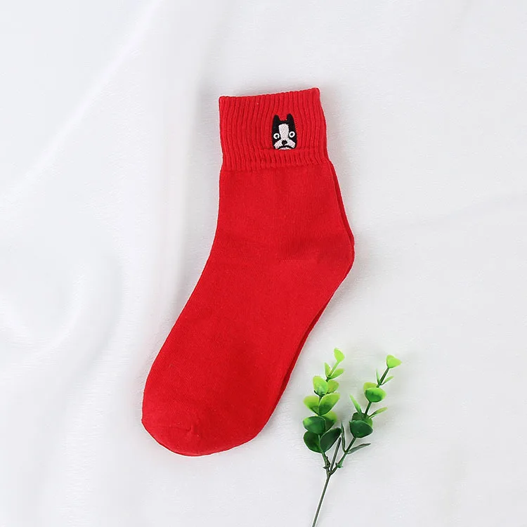 Харадзюку, модные художественные носки с мультипликационным персонажем бульдогом, женские хипстерские Носки с рисунком собаки, забавные хлопковые короткие женские носки - Цвет: red