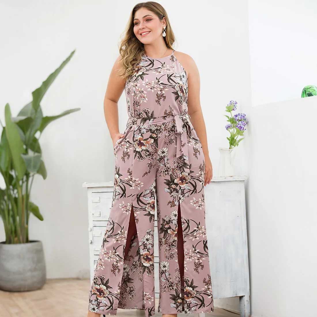 

Original design Fashion new sexy jumpsuit sleeveless waist pocket open fork wide leg Plus size rompers womens jumpsuit bodysuit