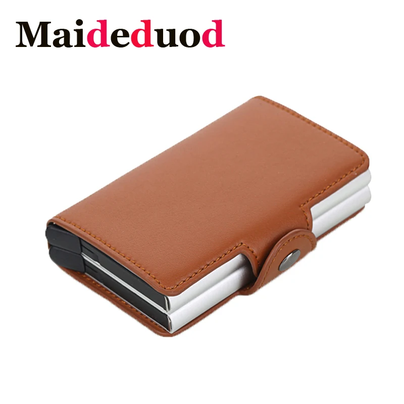 

Maideduod 2018 Men And Women Business Credit Card Holder Metal RFID Double Aluminium Box Leather Travel Card Wallet