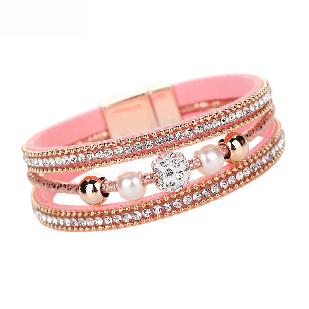 

2018 Women Multilayer Bangle Bracelet Crystal Beaded Leather Magnetic Wristband Bohemian Bijuteria Feminina Fashion Drop Ship