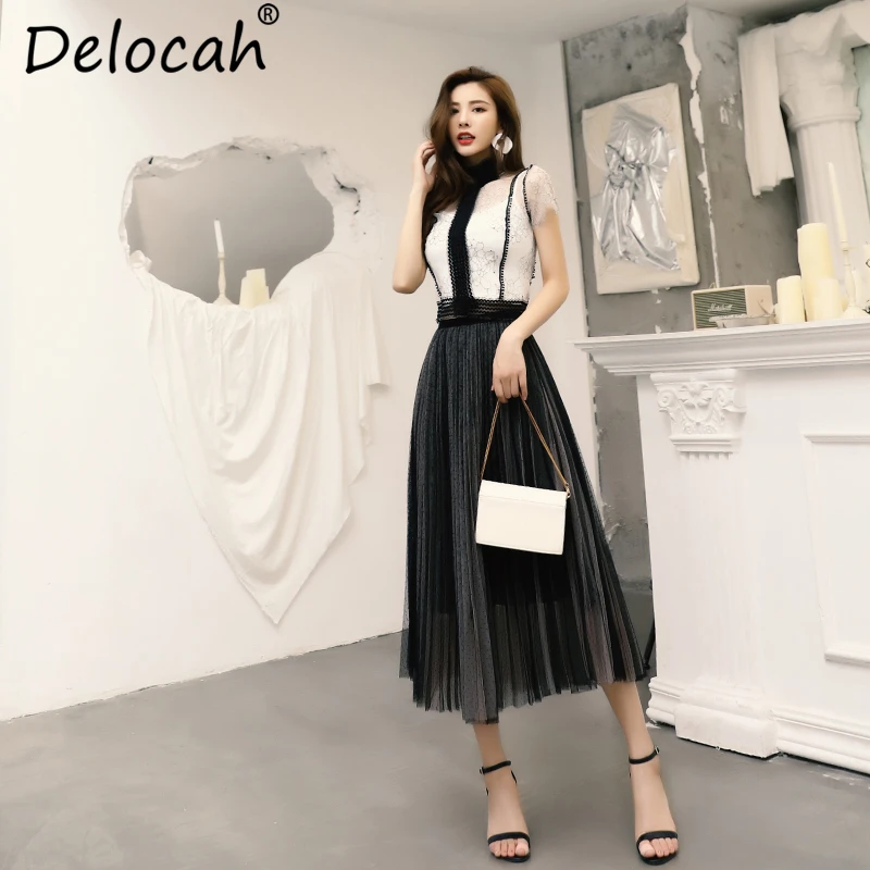 

Delocah Women Spring Summer Suits Runway Fashion Lace Tassel Bow Tie Tops+Elegant Pleated Mesh Overlay Long Skirt Two Pieces Set