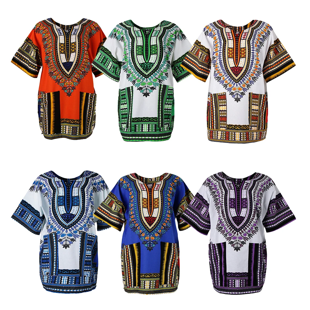 

Unisex Traditional African Prints Tropical Styled Thai Shirt Dress Cotton Dashiki Loose Fit Shirt Ethnic Style Caftan