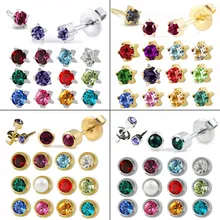 12 pares de pendientes de cristal para oreja, Piercing de piedra de nacimiento, acero inoxidable, cartílago, Estrella redonda, pendientes, Piercing, joyería para el cuerpo