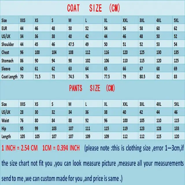 Mens Suit Size Chart