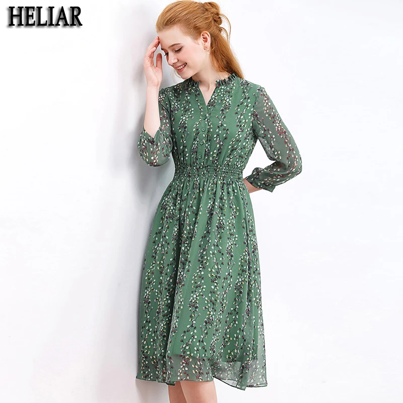 

HELIAR Chiffon Womens Dresses For Autumn 2019 Green Flower Pattern Draped Leaf Print Chiffon Dress Casual Knee Pleat Waist Dress