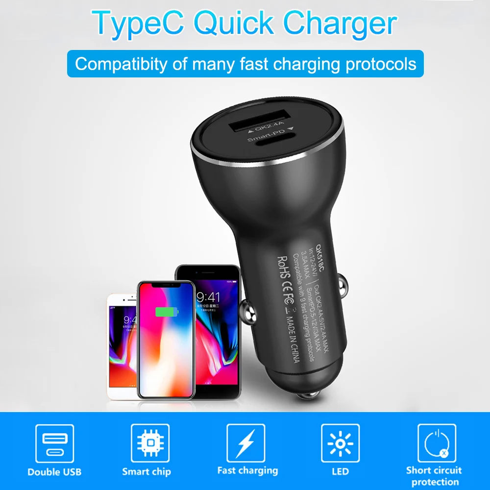 QK518C автомобильное зарядное устройство двойной USB QC3.0 адаптер быстрого зарядного устройства с Светодиодный индикатор для iphone 8 Plus X быстрое зарядное устройство