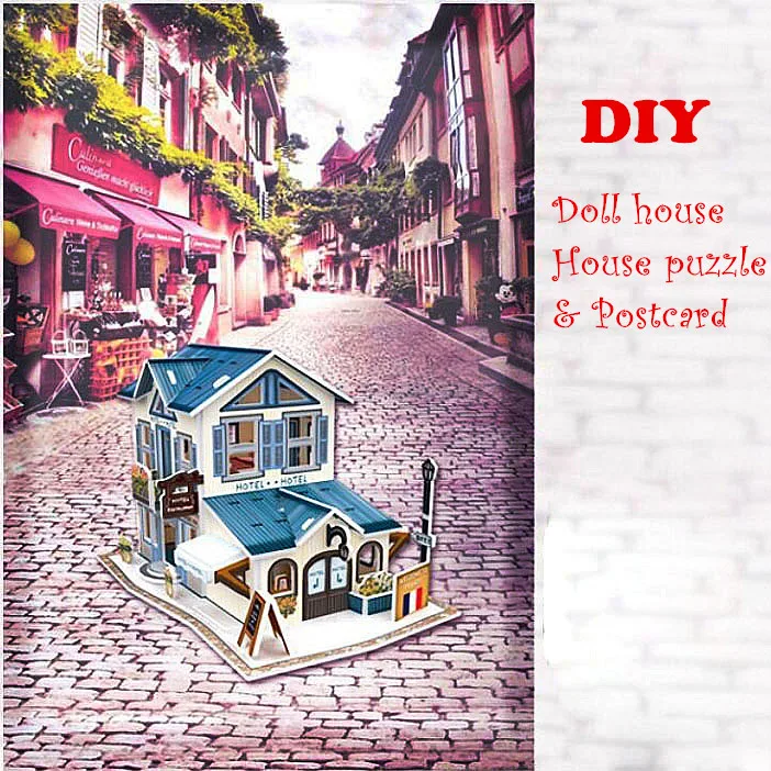 Wooden Jigsaw DIY Doll house 3d puzzle building with Postcard home decor Educational Montessori puzzle for