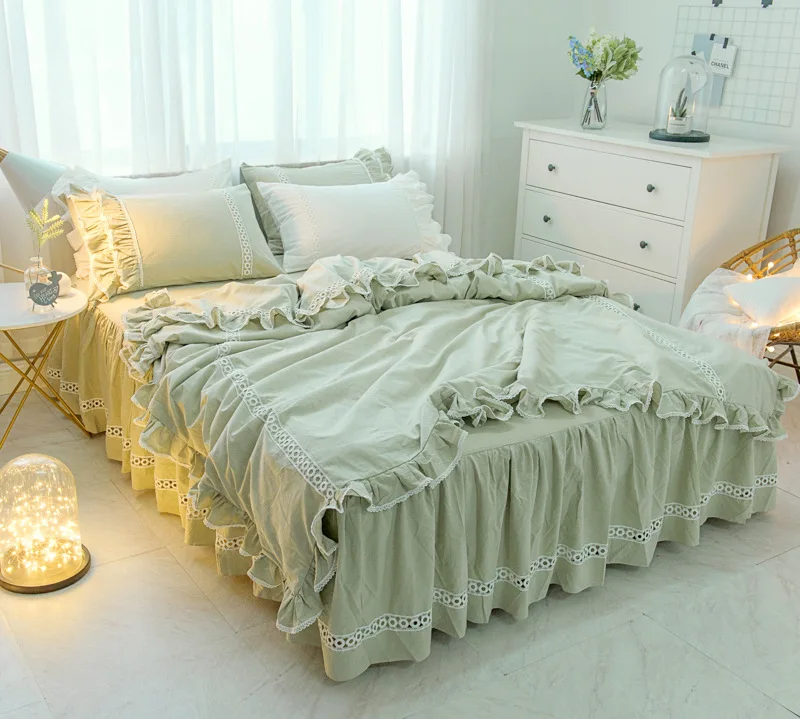الكشكشة طقم سرير 100% غسلها غطاء لحاف من القطن مجموعة 3/4 قطعة bedskirt prinecess البياضات الأسود والأبيض طقم سرير الكبار غطاء سرير