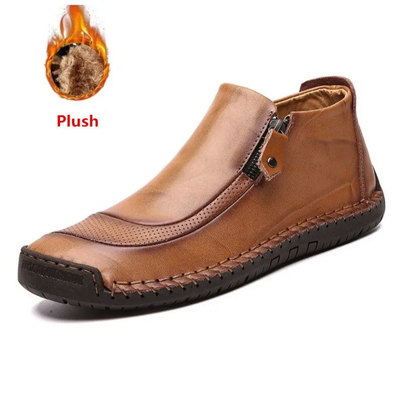 Новые зимние Мужские зимние сапоги высокое качество кожаные плюшевые Мужские ботильоны Обувь на теплом меху Для мужчин сапоги осень Мужская обувь повседневная обувь большой Размеры - Цвет: brown plush