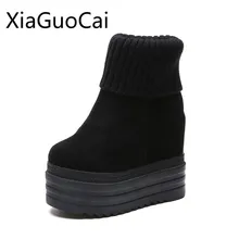 Новинка; зимние женские ботинки на танкетке 14 см; женские матовые Ботинки martin из флока, увеличивающие рост; короткие ботильоны с шерстяным носком