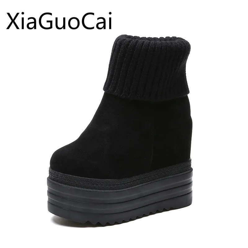 Winter Newest 14CM Heels Women Wedge Boots Increased Flock Female Matte
Martin Boots Wool Mouth Short Ankle Boots