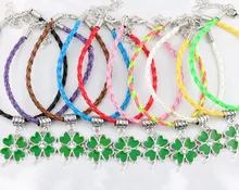 Vintage Silver Enamel Crystal Clover Bracelet Mixed Color Weave Leather Good Luck Bracelet Jewelry For Women Accessories DIY D11