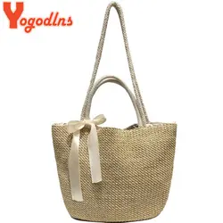 Yogodlns тканые для женщин соломенная летняя сумка сумки на плечо ленты бантом ручка пляжная сумка женский большой шнурок повседневное Tote