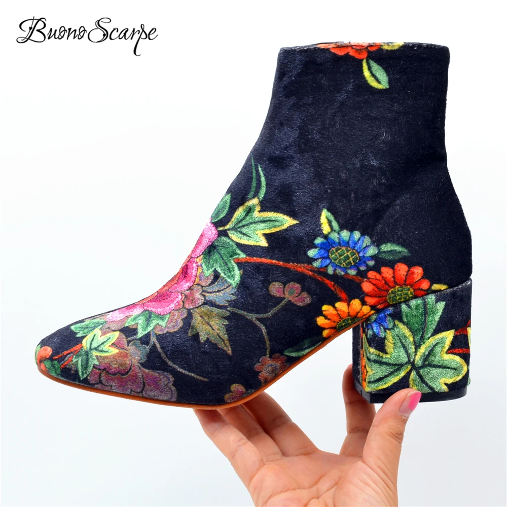 

BuonoScarpe Women Brand Shoe Embroidery High Heel Round Toe Floral Ankle Boots Zipper Flock Botas Thick Heels Retro Girls Boots