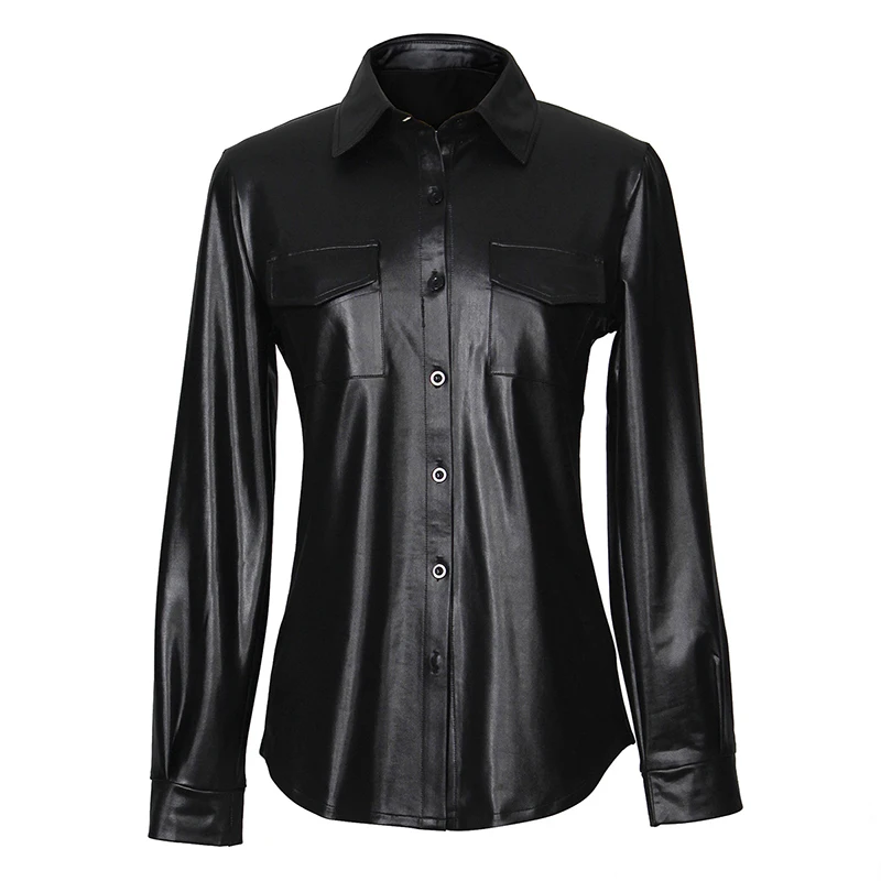 Kostlich Sexy Pu Leather Long Sleeve Blouse Women Shirts Fashion Spring Autumn Women Tops Black Red Ladies Blouses Casual Shirt (24)