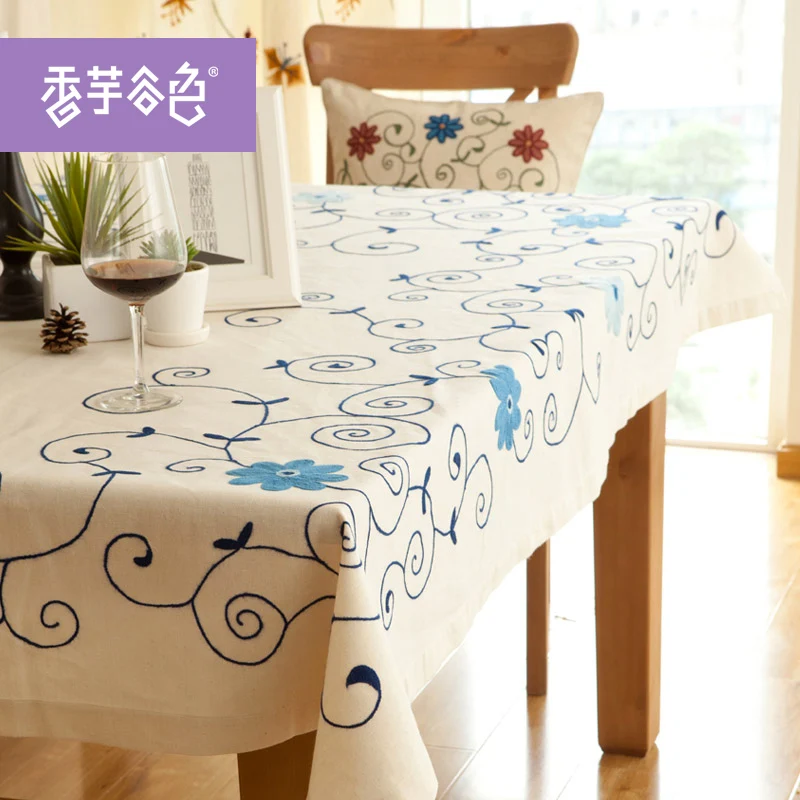 Chinese Handmade Embroidered Tablecloth Blue Flowers Table cover white