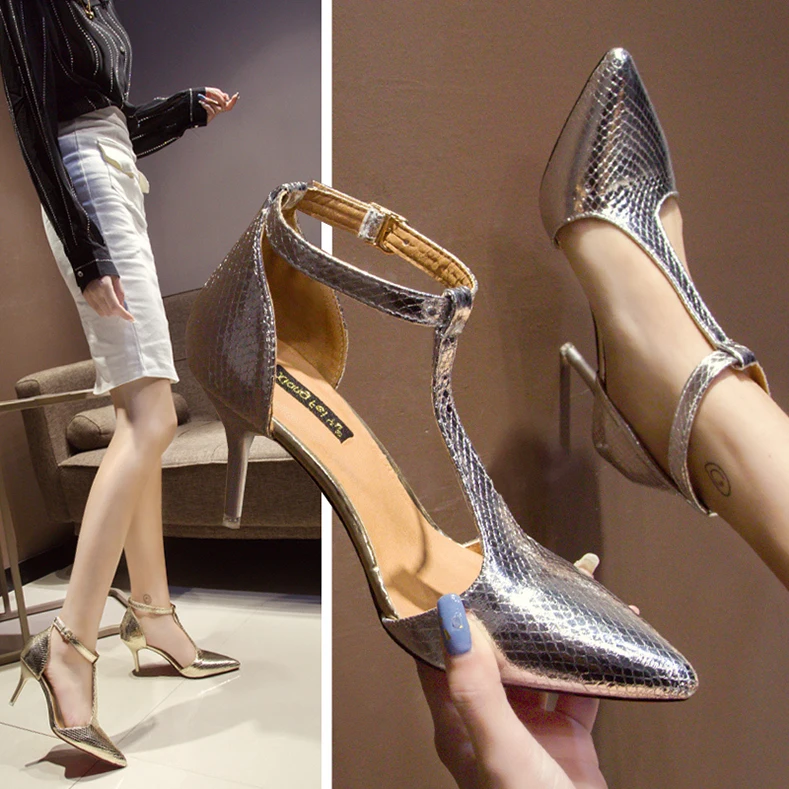 

2019 Elegant PU Women Sandals Sexy Pointed Toe High Heels 7CM Dress Party Shoes OL Pump Valentine Shoes Silver Wedding Shoes