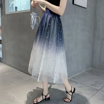 

Starry Sequins Silver Mesh Skirt Pettiskirt Gradient Yarn Skirt 2019 Spring Summer New High Waist A Line Skirt L