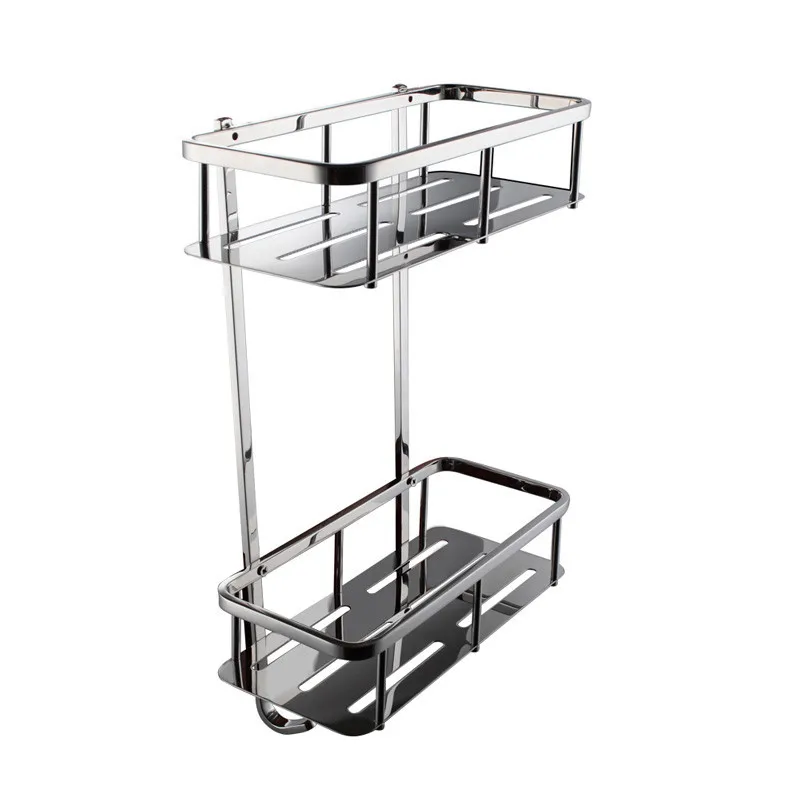 Bathroom Corner 2-Tier Rectangular Tub and Shower Caddy Basket, Polished Stainless Steel