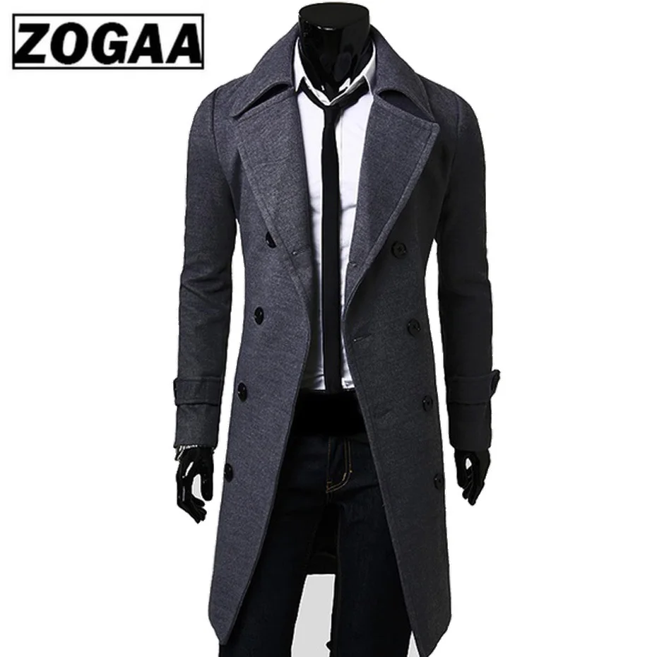 grey ZOGAA мужская куртка из шерсти, новинка, мужская длинная куртка, двубортное пальто, длинная куртка, зимняя тонкая однотонная мужская куртка - Цвет: grey