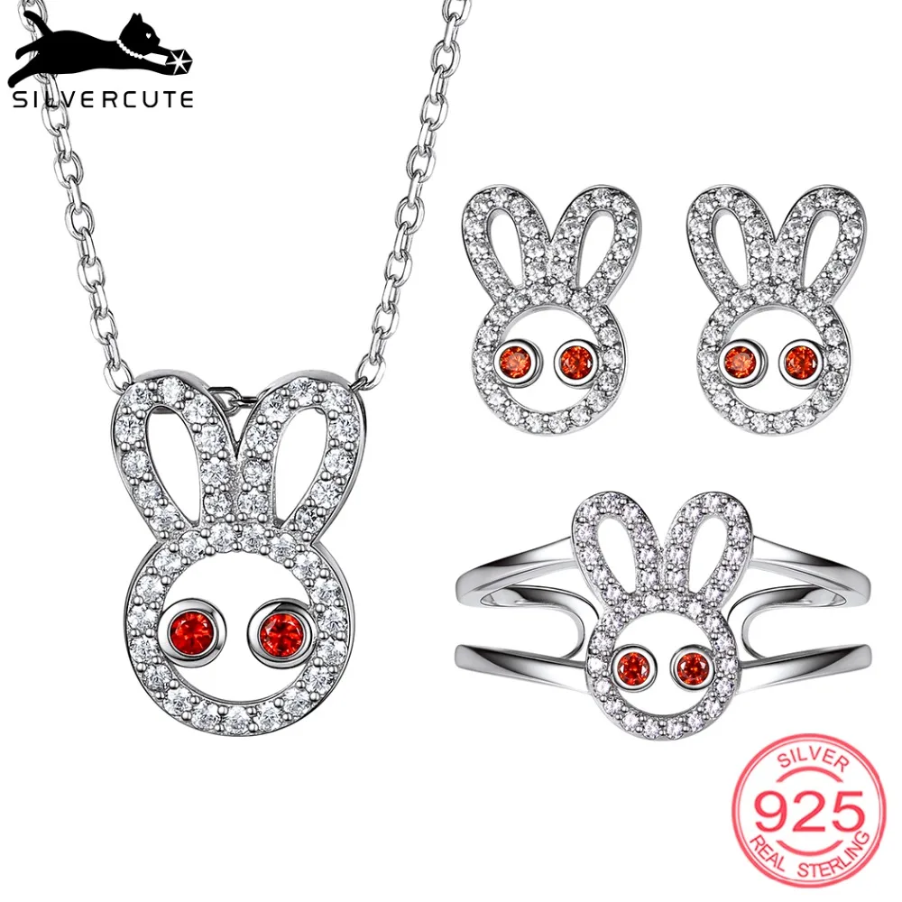 

SILVERCUTE Rabbit Jewelry Sets Women Genuine 925 Sterling Silver Fine Jewelry Cute Animal Necklace Earrings Ring Set SCPER6449B