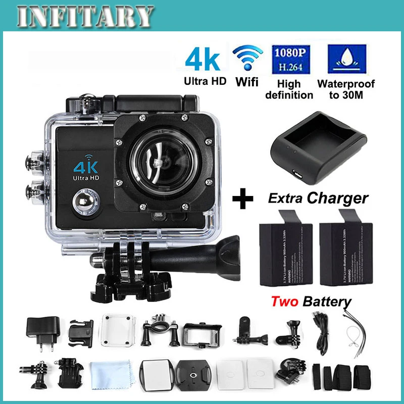 2 Battery +Charger Sport camra 30M tanche 2.0 inch capteur Action Cam 4K camra 16M WIFI Camara Deportiva Free shiping