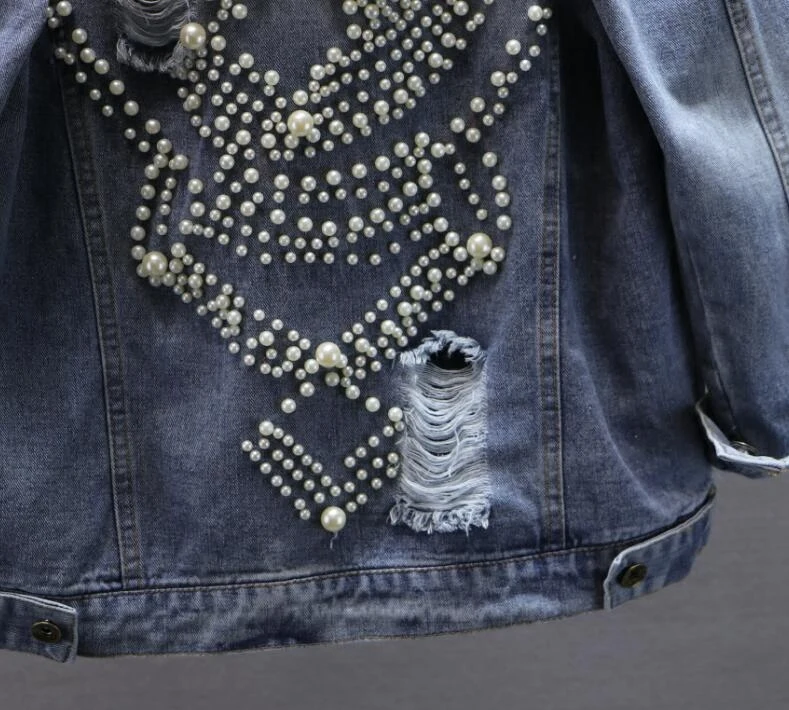 Mode Longues Manches 2018 Lourd Bleu Jeans Perle Manteau Coréenne Gloria Lady Streetwear Trou Denim Nouveau Femmes Veste Vestes À Fille Pvqwq5