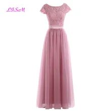 Pink Scoop Neck Tulle Prom Dresses Cap Sleeves Empire Sash Long Party Gown A Line Floor Length Lace Evening Dress Robe de soiree pink pom pom design scoop neck 3 4 length sleeves t shirt