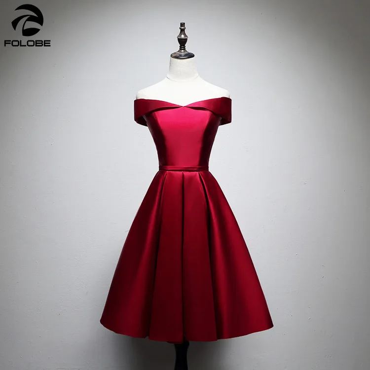 

FOLOBE Burgundy Pink Elegant Knee length Solid Party Dresses Off the Shoulder Women Formal Dress Vestidos
