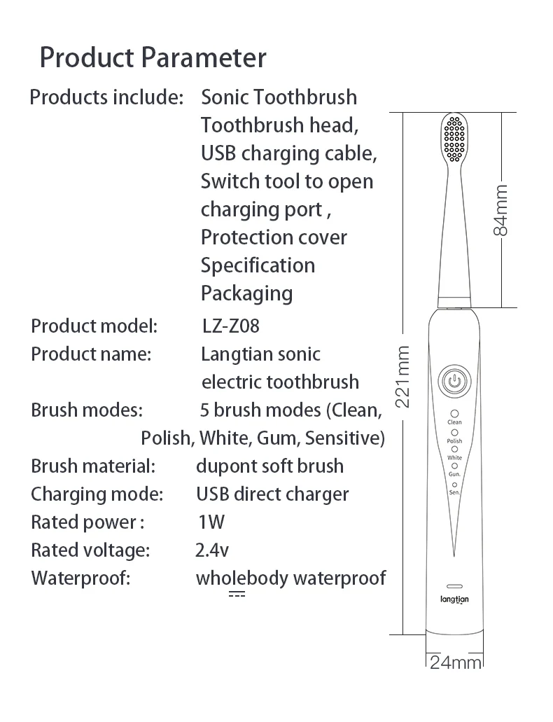 Langtian ультра звуковая зубная щетка перезаряжаемая электрическая зубная щетка 5 режимов чистки звуковая зубная щетка для путешествий Smartimer 2 или 4 головки