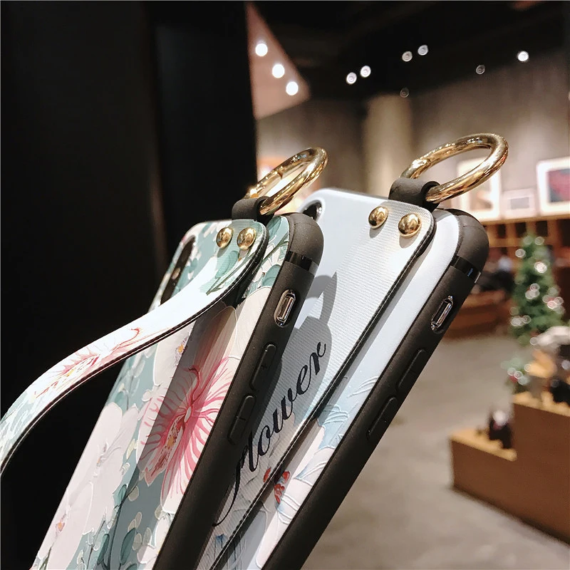 5 SoCouple Wrist Strap Phone Case For iphone 7 8 6 6s plus Case For iphone X Xs max XR Relief Flower Floral Pattern Soft TPU Case