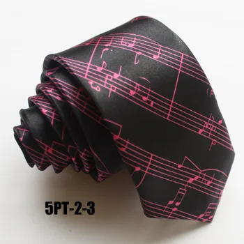 

5cm Unique Slender Tie Printed Polyester Necktie Black with Red Music Staff