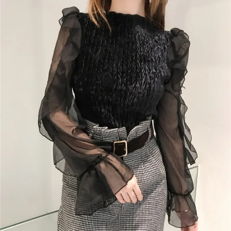 

019 Women New Fashion Velvet Stand Neck Long Sleeve Bottoming Casual Shirt Lady Mesh Elegant Blouses and Tops