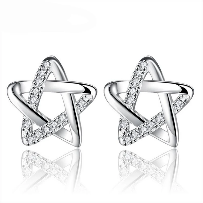 

925 Sterling Silver stud earring Pointed Star Temperament Zircon Pierced ear Five Point Star Moon Planet Stud Earrings