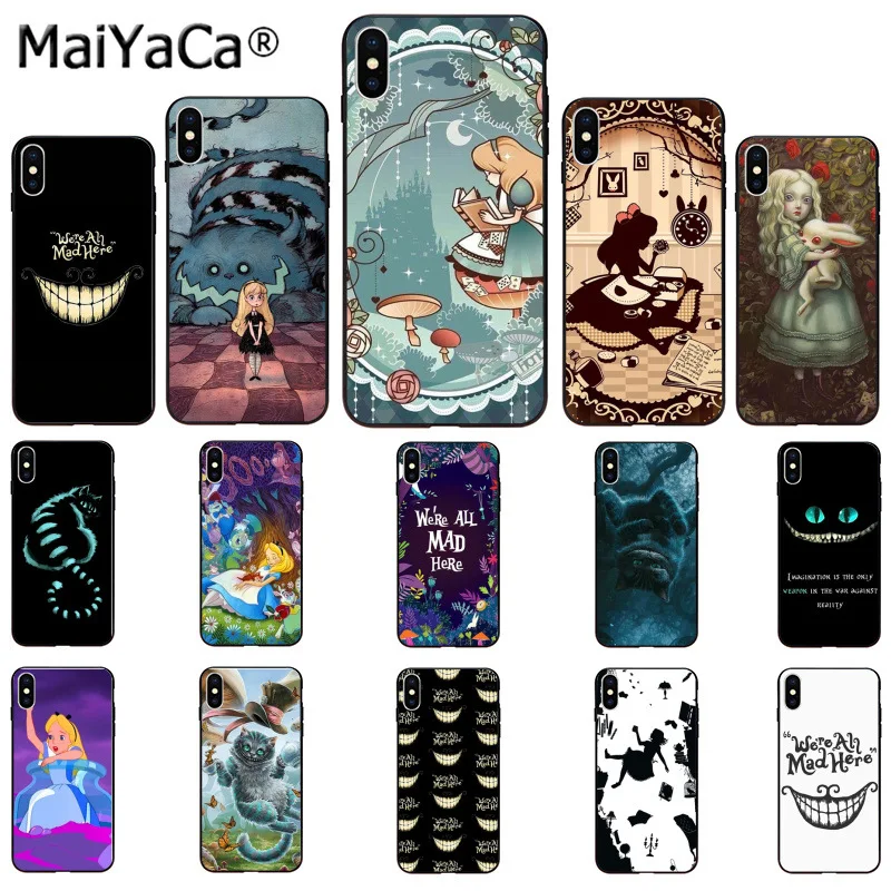 Черный чехол MaiYaCa Alice in Wonderland cat из ТПУ для iphone 11 pro X XS MAX 66S 7 7plus 8 8Plus 5s XR