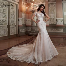 Liyuke Square Neckline Mermaid Wedding Dress Empire Appliques Lace Court Train With Short Sleeve Bridal Dresses Liyuke Square Neckline Mermaid Wedding Dress Empire Appliques Lace Court Train With Short Sleeve Bridal Dresses