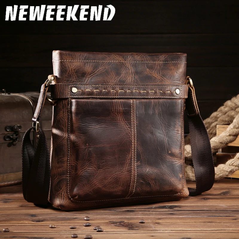 

NEWEEKEND Retro Casual Genuine Leather Cowhide Crazy Horse Messenger Shoulder Crossbody Laptop iPad Bag for Man 8059-1