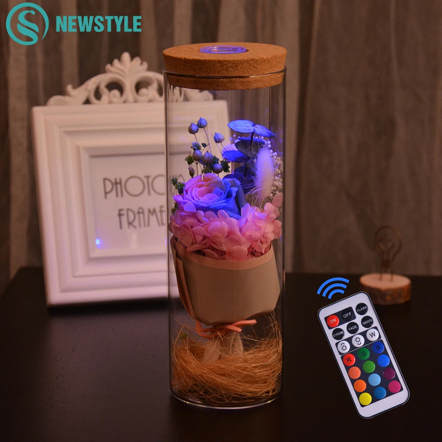 

Romantic RGB Night Light Flower Rose Bottle Dimmer Lamps With Remote Control For Valentine's Day Birthday Gift Home Decoration