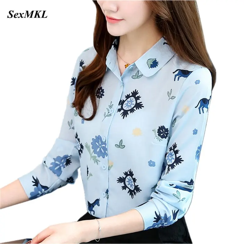 

SEXMKL Womens Tops and Blouses 2019 Long Sleeve Floral Print Chiffon Blouse Femme Office Lady Work Wear Women Shirts Blusa Mujer