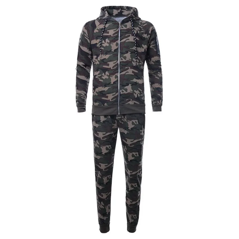 Camouflage Green SHUJIN осенние камуфляжные мужские костюмы Лоскутная Мужская спортивная одежда с капюшоном спортивный костюм комплект из двух предметов Drawstring tenue de sport homme - Цвет: Camouflage Green