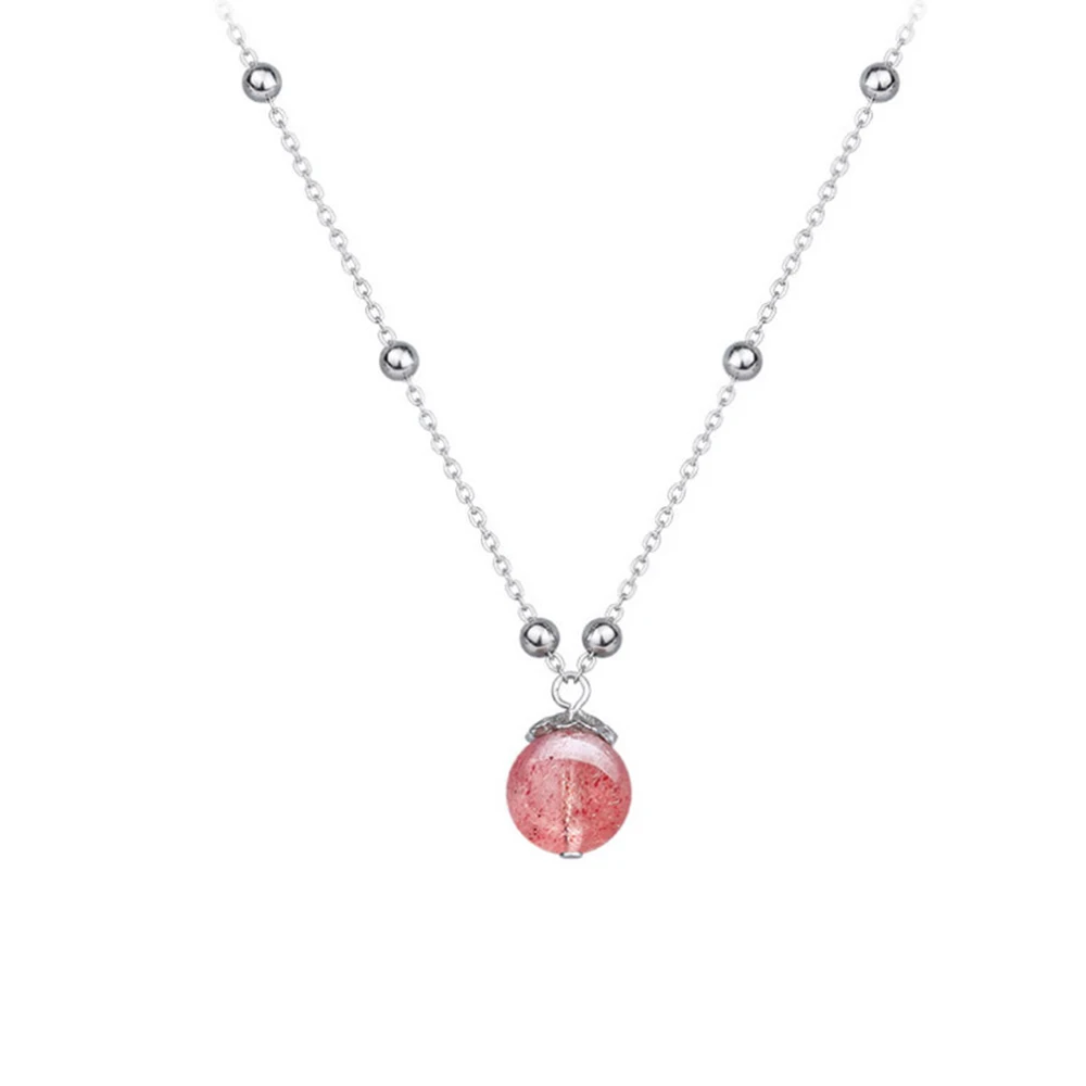 

925 Sterling Silver 3mm Ball Bead Chain 9mm Pink Crystal Strawberry Quartz Nature Gemstone Pendant Necklace Valentine's Day G