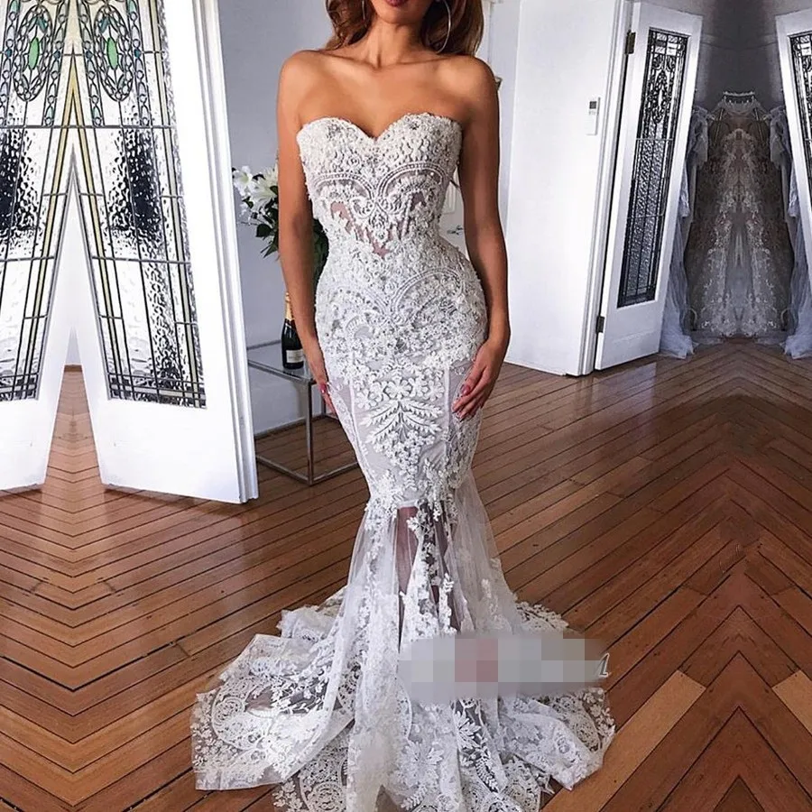 

Vintage Lace Bride Wedding Dresses 2019 Appliqued Sweetheart Neckline Mermaid Wedding Bridal Gown