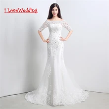 

Stock Half Sleeve Lace Wedding Dress 2015 Mermaid Bridal Gown White/Ivory Crystals Back Lace Up Robe De Mariage