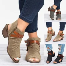 Модные женские сандалии летние женские сандалии на молнии босоножки с застежкой на щиколотке; квадратный каблук; дышащая открытый носок стильная женская обувь из парусины Sandles Zapatos Mujer обувь T9