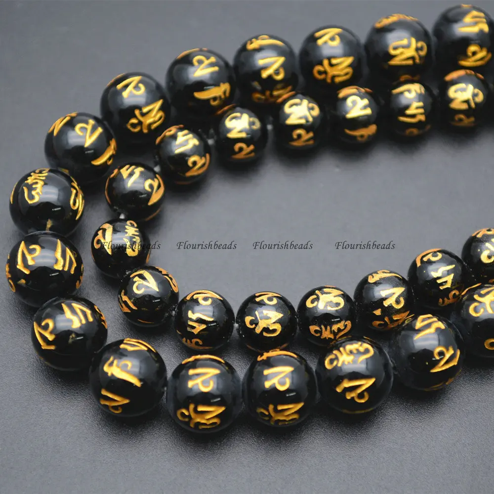 

Gold color words Carved Om mani padme hum Black Agate Stone Round Loose Beads 8mm 10mm 12mm Buddhist Jewelry Supplies