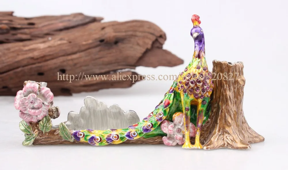 Metal Jeweled Peacock Desk Desktop Business Card Holder Stand