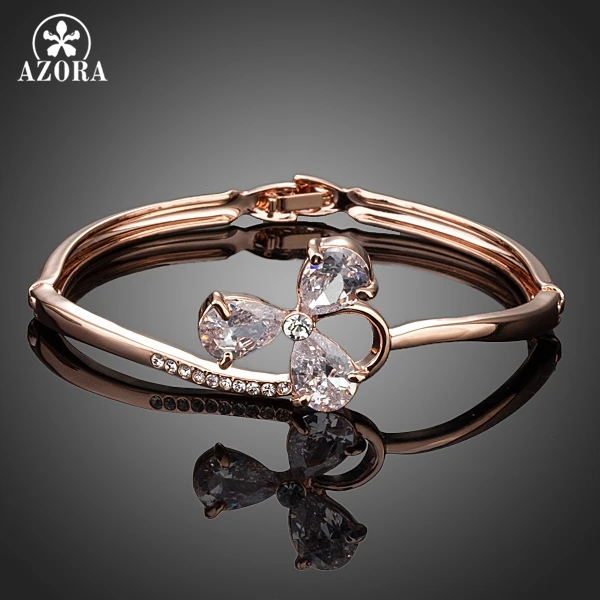 

AZORA Lucky Clover Design Rose Gold Color Clear Cubic Zirconia Charm Bangle Bracelet TB0046
