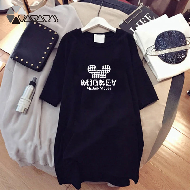 

2019 Mickey Mouse Summer Women Dresses Fashion Loose Letter Print Short Sleeve Black White Harajuku Mini Dress Plus Size M-4XL